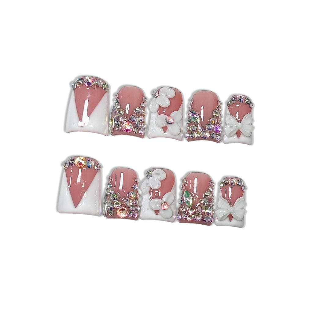 Hantyer 10pcs Press on Nails with Tools Kit, Short Duckbill Glossy White French Tips, Crystal Rhinestones & 3D Floral Designs, Icy Shimmer Finished Salon Nails, Reusable for Special Events