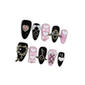 Hantyer 10Pcs Y2K Press on Nails with Tools Kit, Medium Almond Glossy Nails in Pink & Black, Handmade Nails with 3D Metal Charms (Heart/Cross) & Rhinestones, Edgy Punk Style for Women