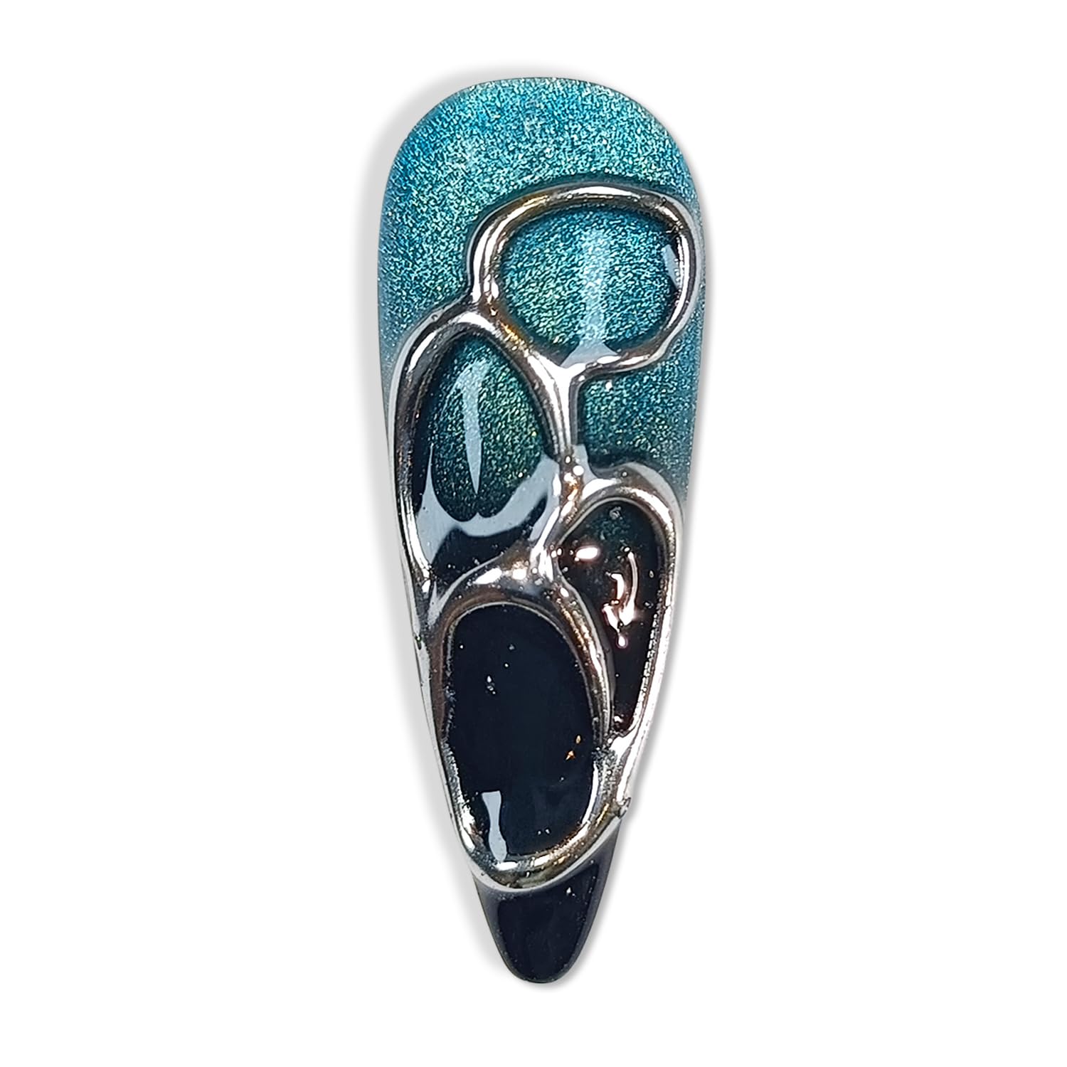 Hantyer Long Stiletto Press On Nails, Handmade Soft Gel Turquoise & Black Abstract Fake Nails with Unique 3D Ring & Metallic Swirls, Statement Reusable False Nails 10PCS Kit