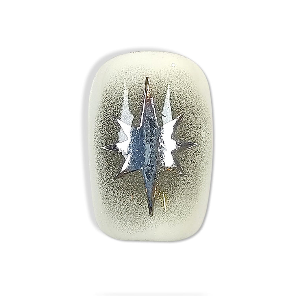 Hantyer Short Square Press On Nails, Handmade Soft Gel Dark Glam Metallic Fake Nails with Silver 3D Stars & Sculptural Accents, Grunge Inspired Reusable False Nails 10PCS Kit