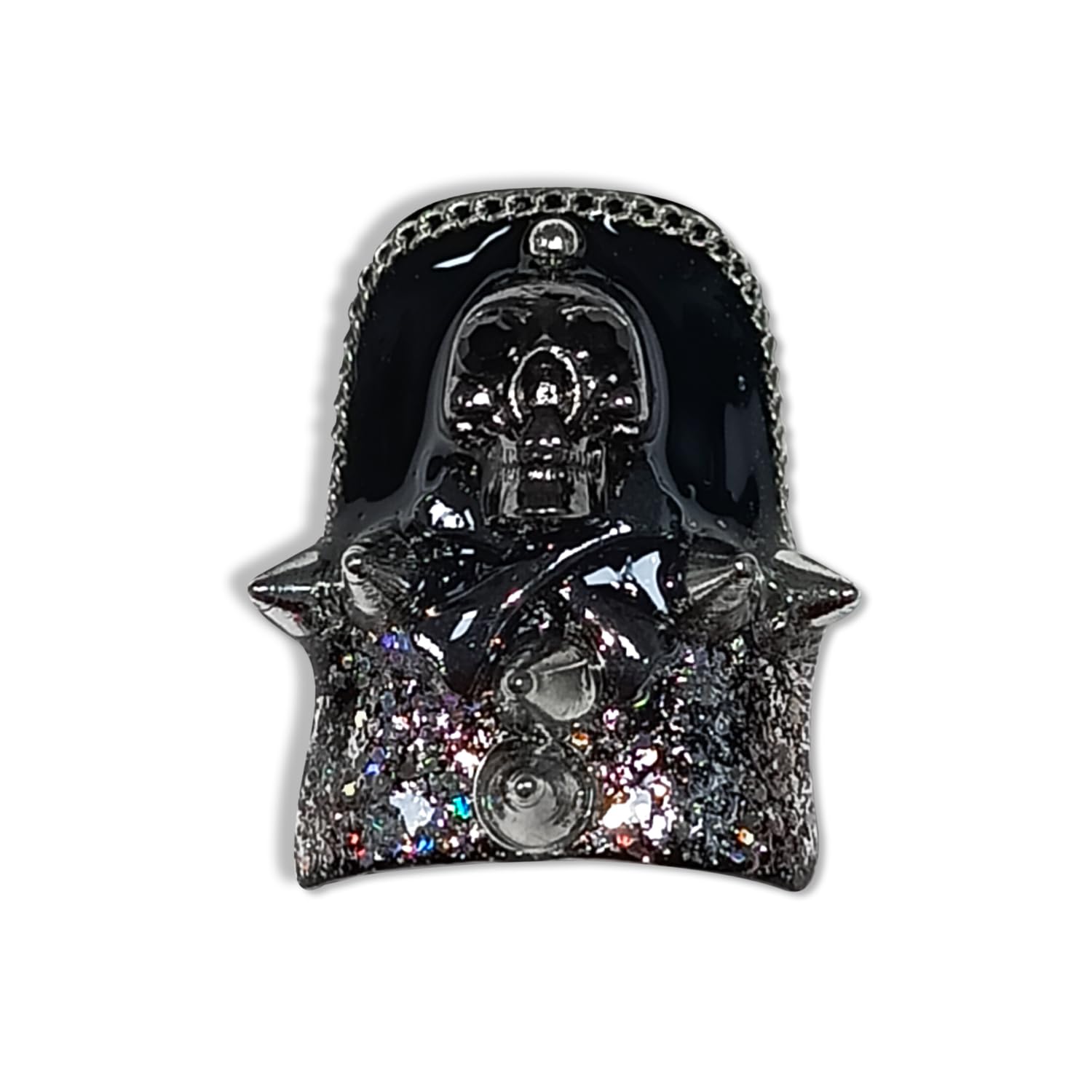 Hantyer 10pcs Short Duck Nails in Punk Style, Black Ombre Press on Nails with Metal Studs, Large Heart Rhinestones & Skull Charms, Reusable Gothic False Nails for Women Party Club Night