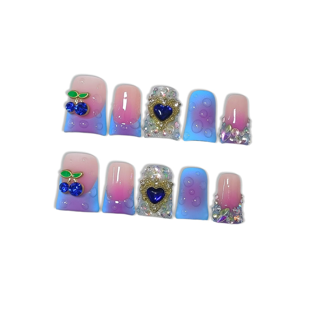 Hantyer 10pcs Blue French Tip Press on Nails with Tools Kit, Short Duckbill Glossy Nails, Rhinestones & Heart with 3D Water Droplet Carvings, Sweet Edge Style for Parties & Special Events