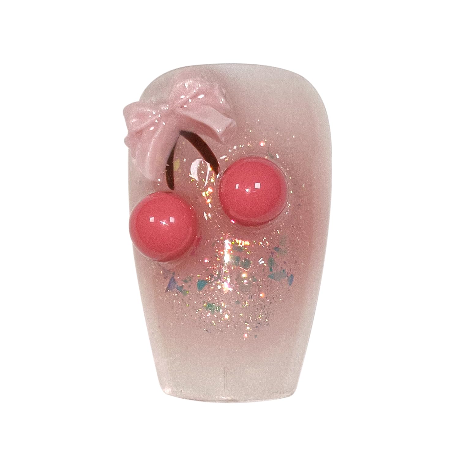 Hantyer 10pcs Sweet Style Press on Nails, Short Coffin Glossy Fake Nails, Pink French Tips with 3D Cherry & Bow Design, Reusable Easy to Apply False Nails for Women