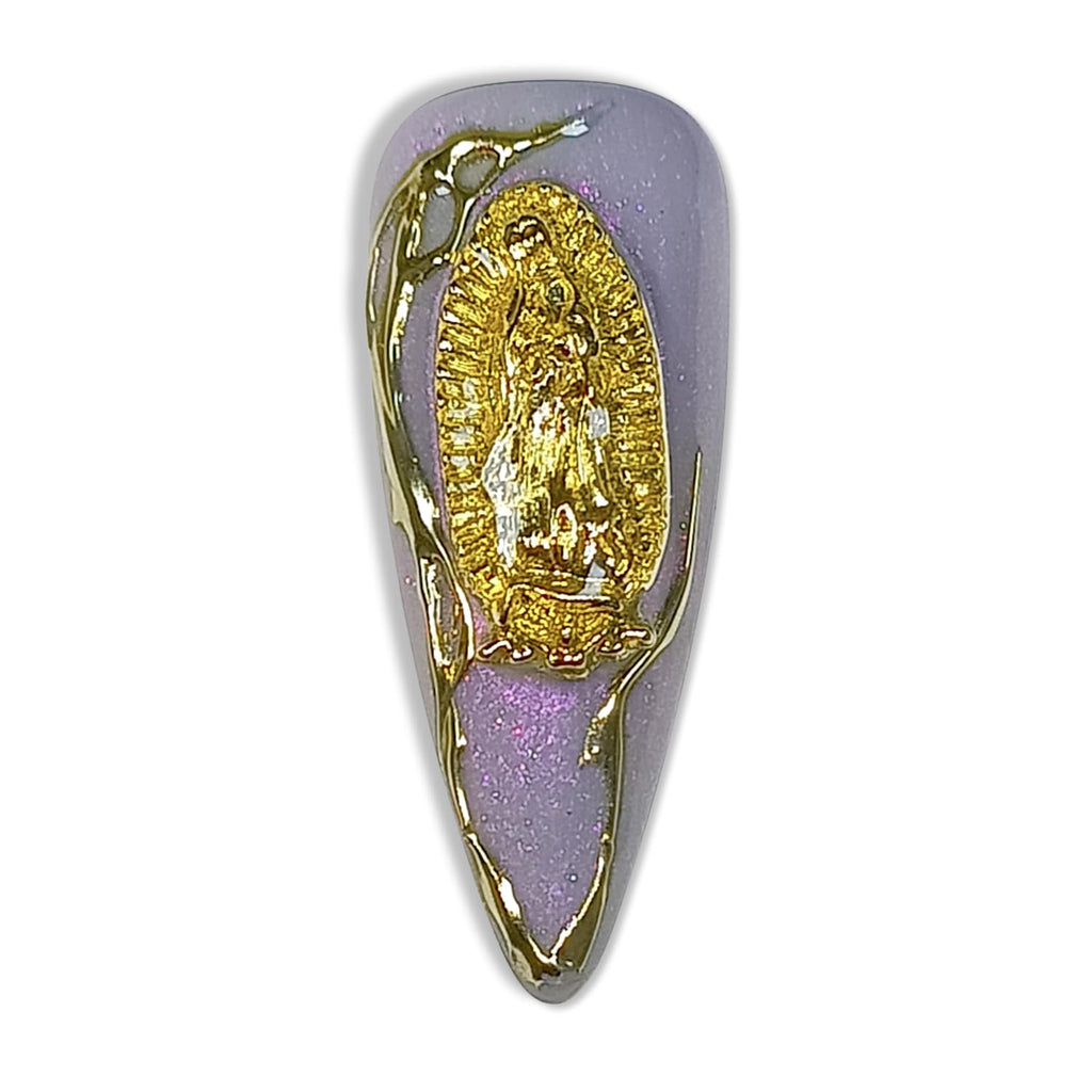Hantyer Lavender Press on Nails with 3D Water Droplets, Madonna Medals & Pearls, Long Stiletto Glossy Iced Baroque Fake Nails, Reusable Edgy Luxury False Nails for Women Party Opera Gala