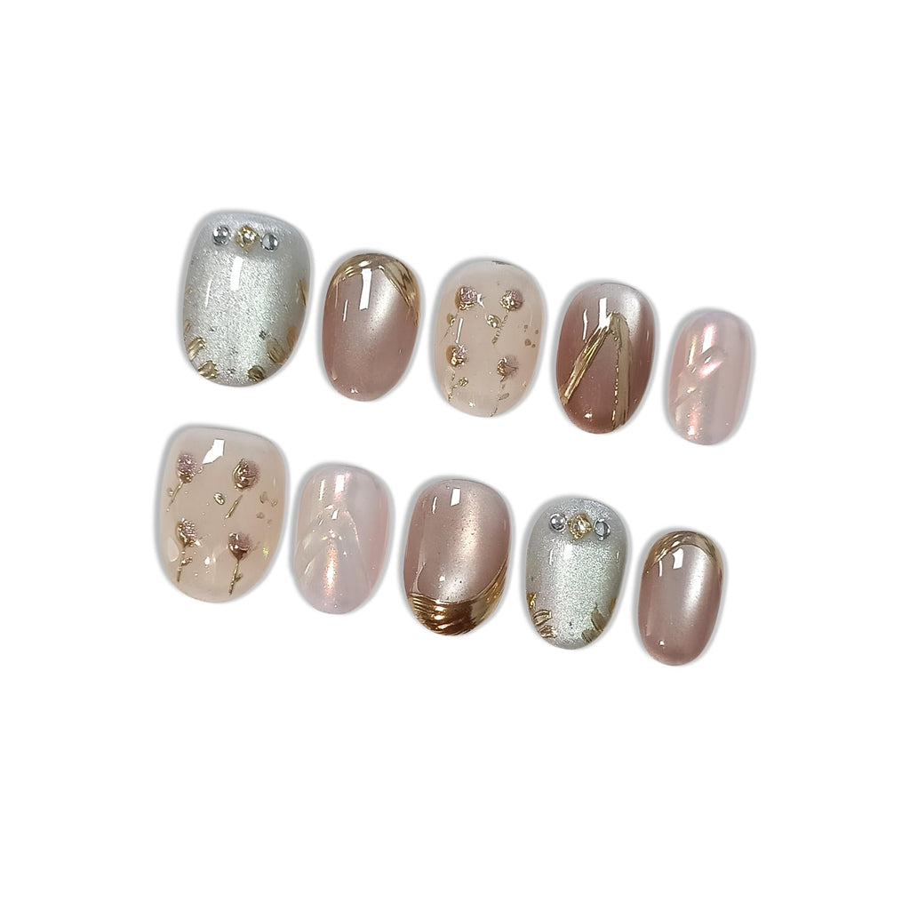 Hantyer Soft Glam Pink Cat Eye Press on Nails with Hand-Painted Tulips, Rhinestones & Gold Lines - Short Oval Glossy Fake Nails, Reusable Elegant False Nails for Women Fall Winter Party Date