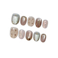 Hantyer Soft Glam Pink Cat Eye Press on Nails with Hand-Painted Tulips, Rhinestones & Gold Lines - Short Oval Glossy Fake Nails, Reusable Elegant False Nails for Women Fall Winter Party Date
