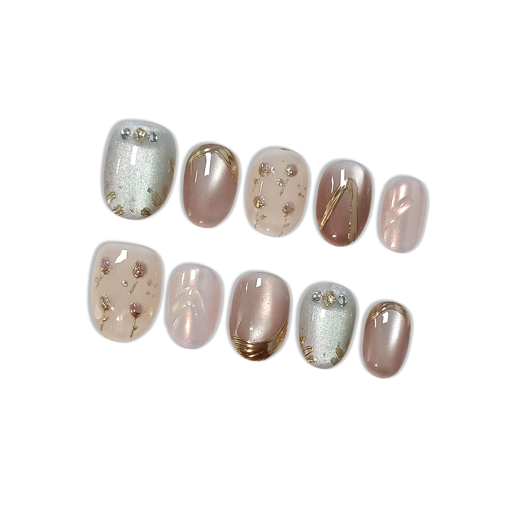 Hantyer Soft Glam Pink Cat Eye Press on Nails with Hand-Painted Tulips, Rhinestones & Gold Lines - Short Oval Glossy Fake Nails, Reusable Elegant False Nails for Women Fall Winter Party Date