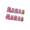Hantyer 10pcs Pink French Tips Press On Nails Sweet Style, Short Duckbill Nails with Rhinestones, Metal Decor & 3D Floral Embossing, Glossy Icy Finish, Reusable Fake Nails Easy to Apply