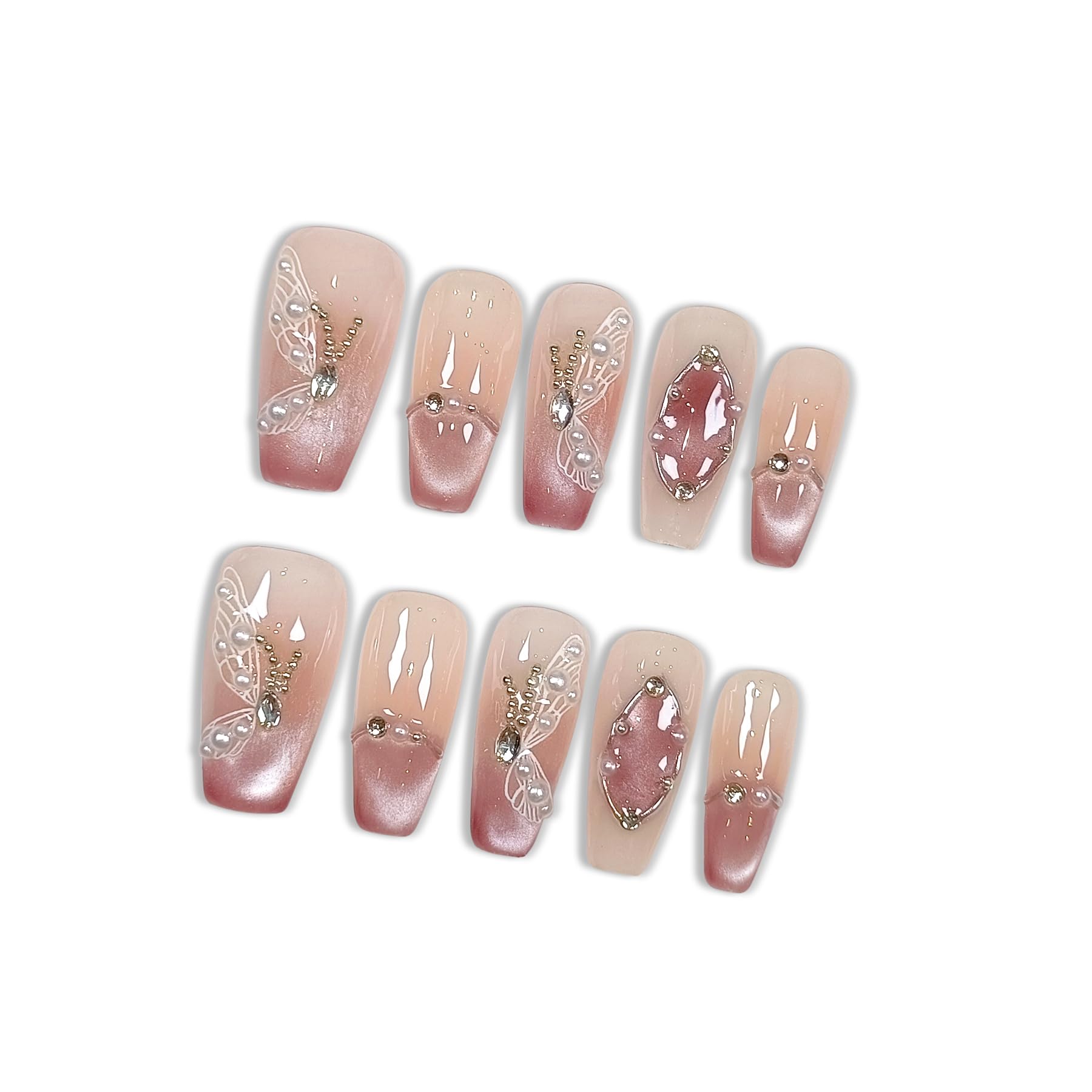 Hantyer Press on Nails Medium Coffin False Nails with Butterfly Design, White Rhinestones & Pearls, Pink Gradient Glossy Cat Eye, Handmade Tips with Tool Kit Salon Nails Sweet Style for Women