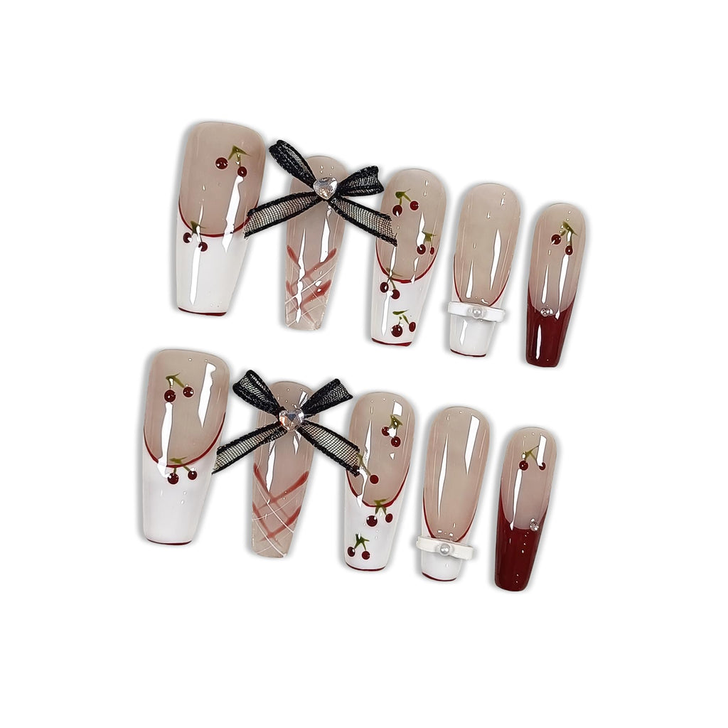 Hantyer Ballet Press On Nails Long Coffin,French Red White Fake Nails Tips with Cherry Checker Design, 3D Bow Retro Cute Cat Eye False Nails for Sweet Edgy Daily Style 10PCS Nails with Tools Kits