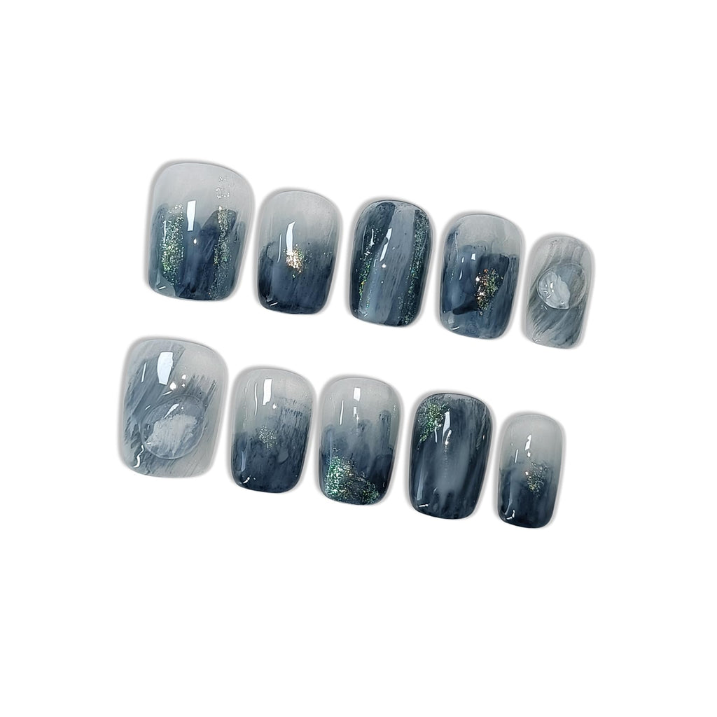 Hantyer Blue Ocean Wave Marbled Press on Nails with 3D Handmade Water Droplets & Gold Glitter, Short Square Glossy Soft Glam Fake Nails, Elegant False Nails for Women Fall Winter Party