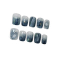 Hantyer Blue Ocean Wave Marbled Press on Nails with 3D Handmade Water Droplets & Gold Glitter, Short Square Glossy Soft Glam Fake Nails, Elegant False Nails for Women Fall Winter Party
