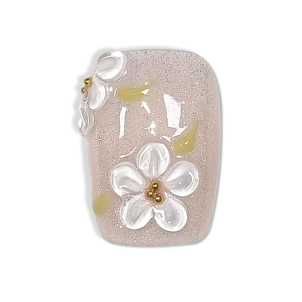 Hantyer 10pcs Press On Nails Sweet Style - Nude Cat Eye with White 3D Embossed Flowers, Short Square Shape, Glossy Shine, Reusable Fake Nails Easy to Apply & Carry for Parties