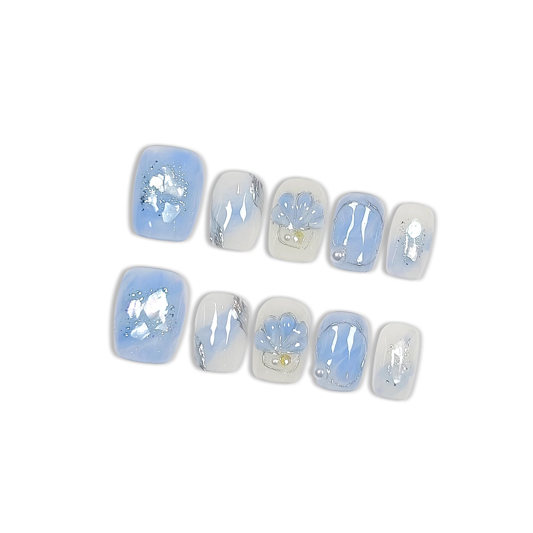Hantyer Press on Nails, Short Coffin Fake Nails, Blue Marble & Hand-Painted Silver Streaks, Icy Blue Glittering Nails, Handmade Nails Sweet Style for Office, Holiday Parties & Special Events