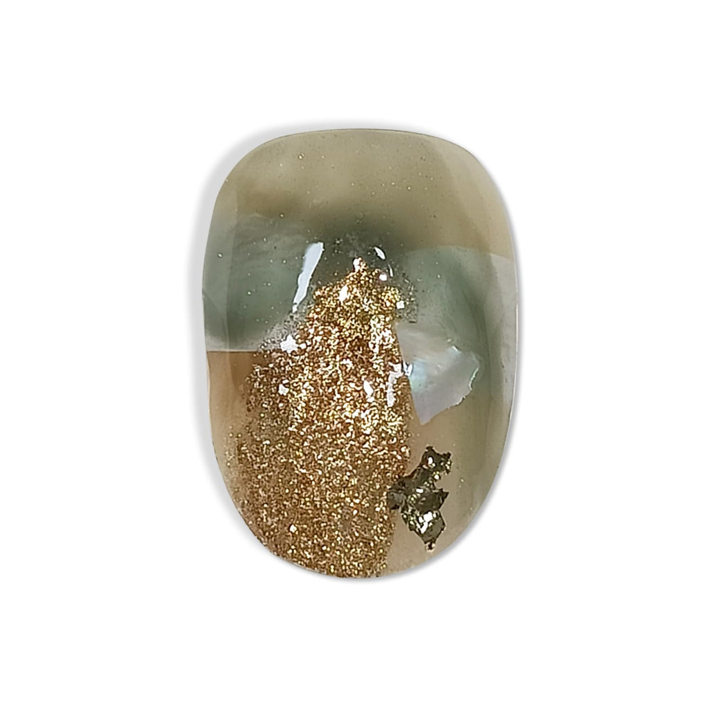 Hantyer Golden Ombre Press on Nails with 3D Glitter Flakes & Gold Foil, Short Oval Glossy Soft Glam Fake Nails, Reusable Elegant False Nails for Women Fall Winter Season Party