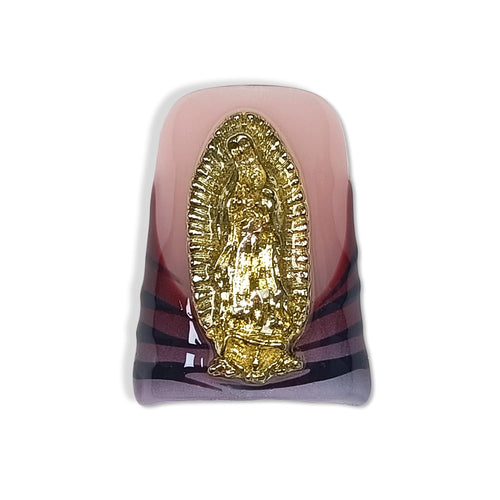 Hantyer 10pcs Brown French Tips Press On Nails Light Luxury, Short Duckbill Nails with Vintage Metal Decor & 3D Embossed Flowers, Icy Glossy Finish, Reusable Fake Nails Easy to Apply