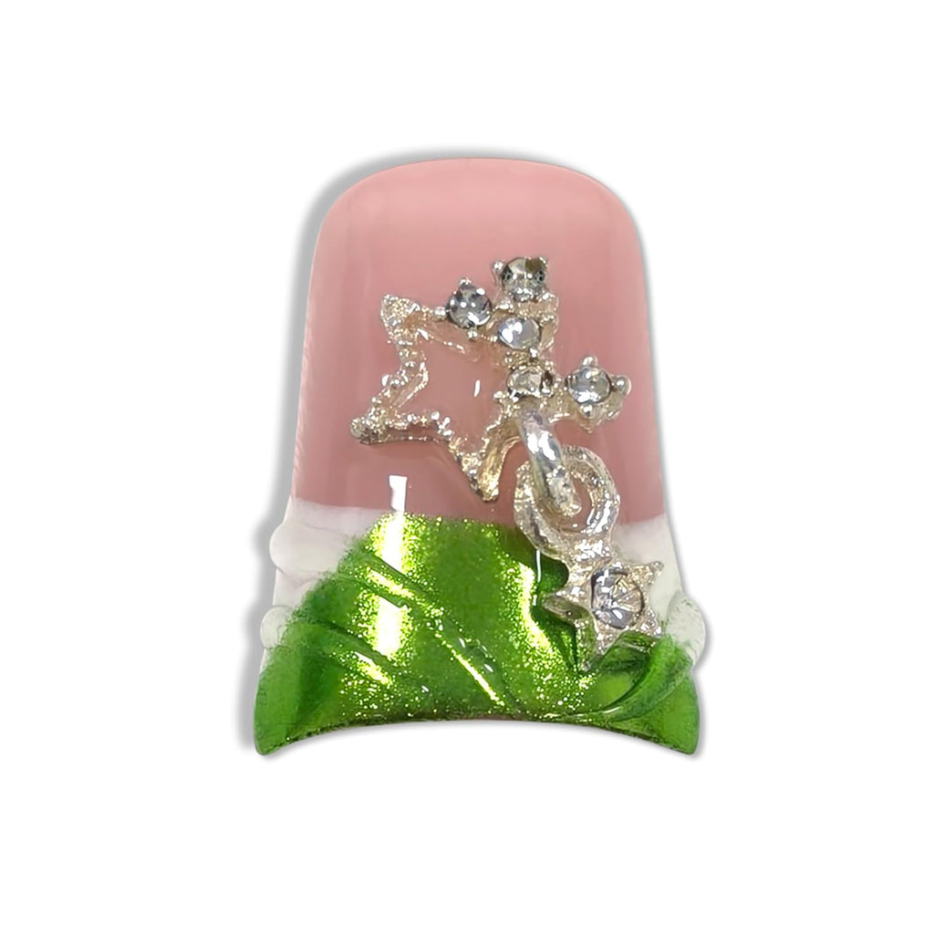 Hantyer 10pcs Green French Tip Press on Nails with 3D Carved Flowers & Rhinestone Charms, Short Duck Nails Glossy Iced Sweet Fake Nails, Reusable Elegant False Nails for Women Spring Party