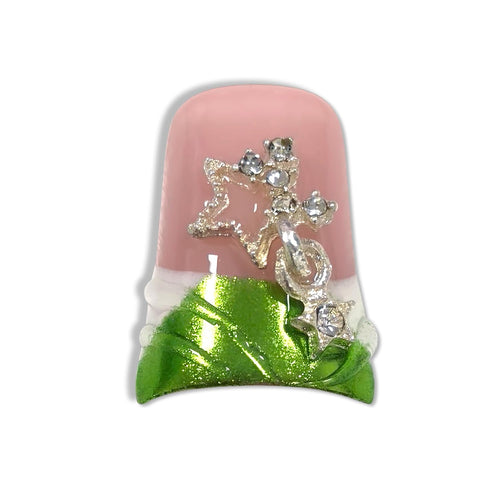 Hantyer 10pcs Green French Tip Press on Nails with 3D Carved Flowers & Rhinestone Charms, Short Duck Nails Glossy Iced Sweet Fake Nails, Reusable Elegant False Nails for Women Spring Party