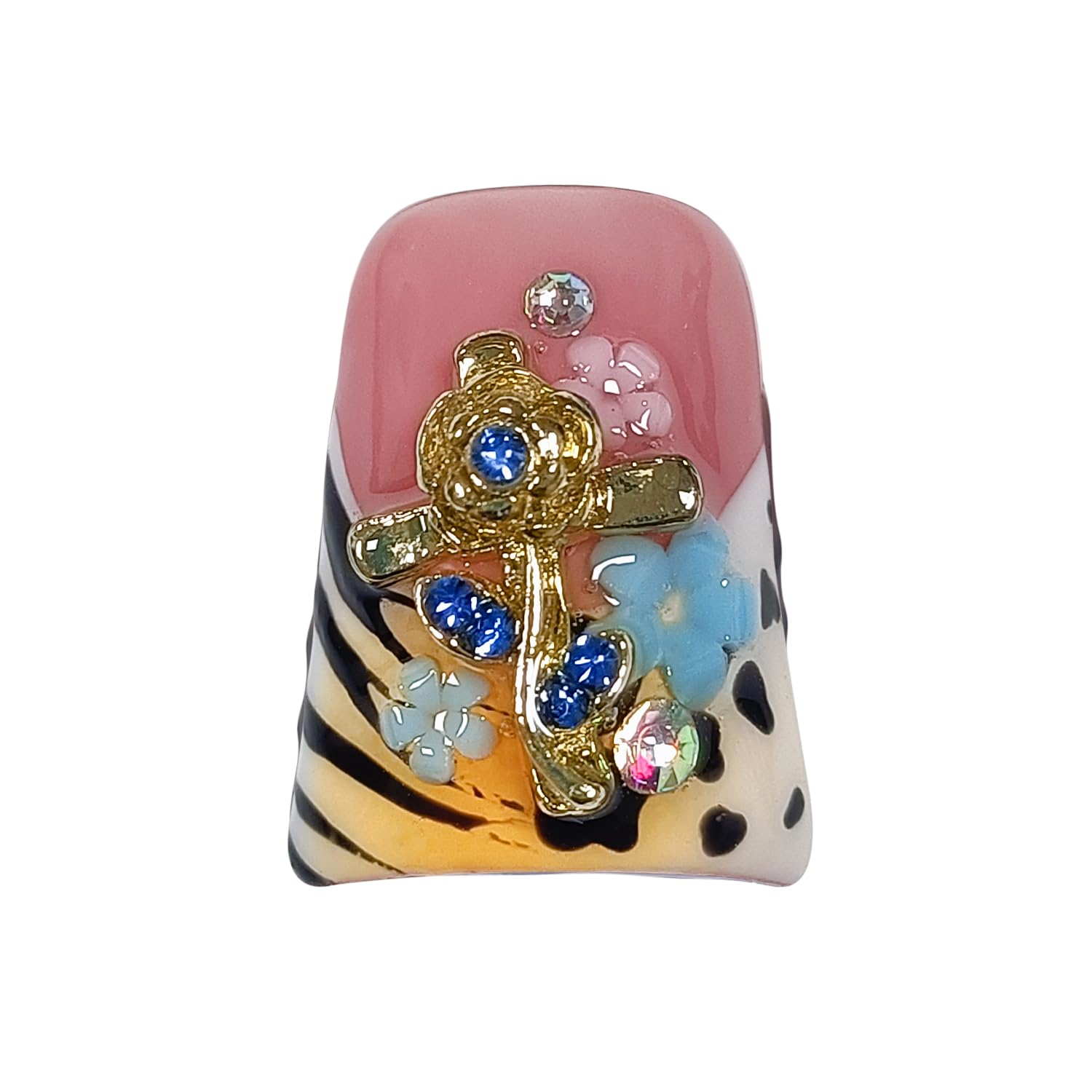 Hantyer 10pcs Leopard French Tip Press On Nails Sweet Cool Style, Short Duckbill Nails with 3D Embossed Petals & Metal Decor, Icy Glossy Finish, Reusable, Easy to Apply & Carry for Parties