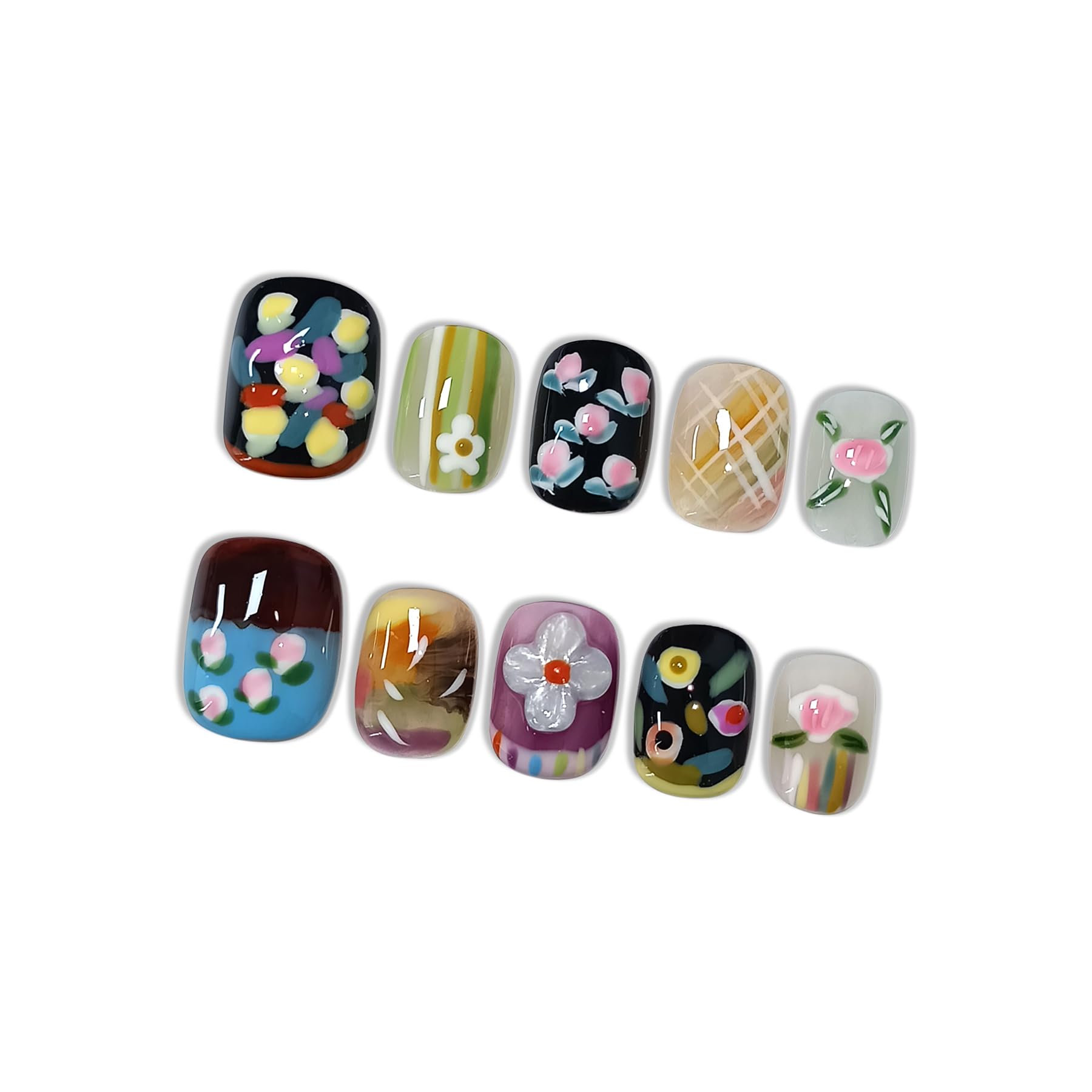 Hantyer Colorful Hand-Painted Floral Press on Nails - Sweet Oil Painting Style Short Squoval Glossy Fake Nails, Reusable Elegant Vintage False Nails for Women Fall Winter Season Party