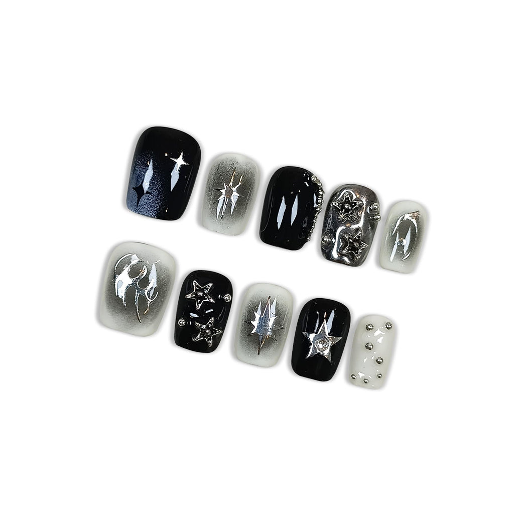 Hantyer Short Square Press On Nails, Handmade Soft Gel Dark Glam Metallic Fake Nails with Silver 3D Stars & Sculptural Accents, Grunge Inspired Reusable False Nails 10PCS Kit