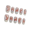 Hantyer 10pcs White French Tip Cat Eye Press on Nails with 3D Floral Carving, Short Oval Glossy Iced Sweet Fake Nails, Reusable Elegant False Nails for Women Birthday Party Wedding