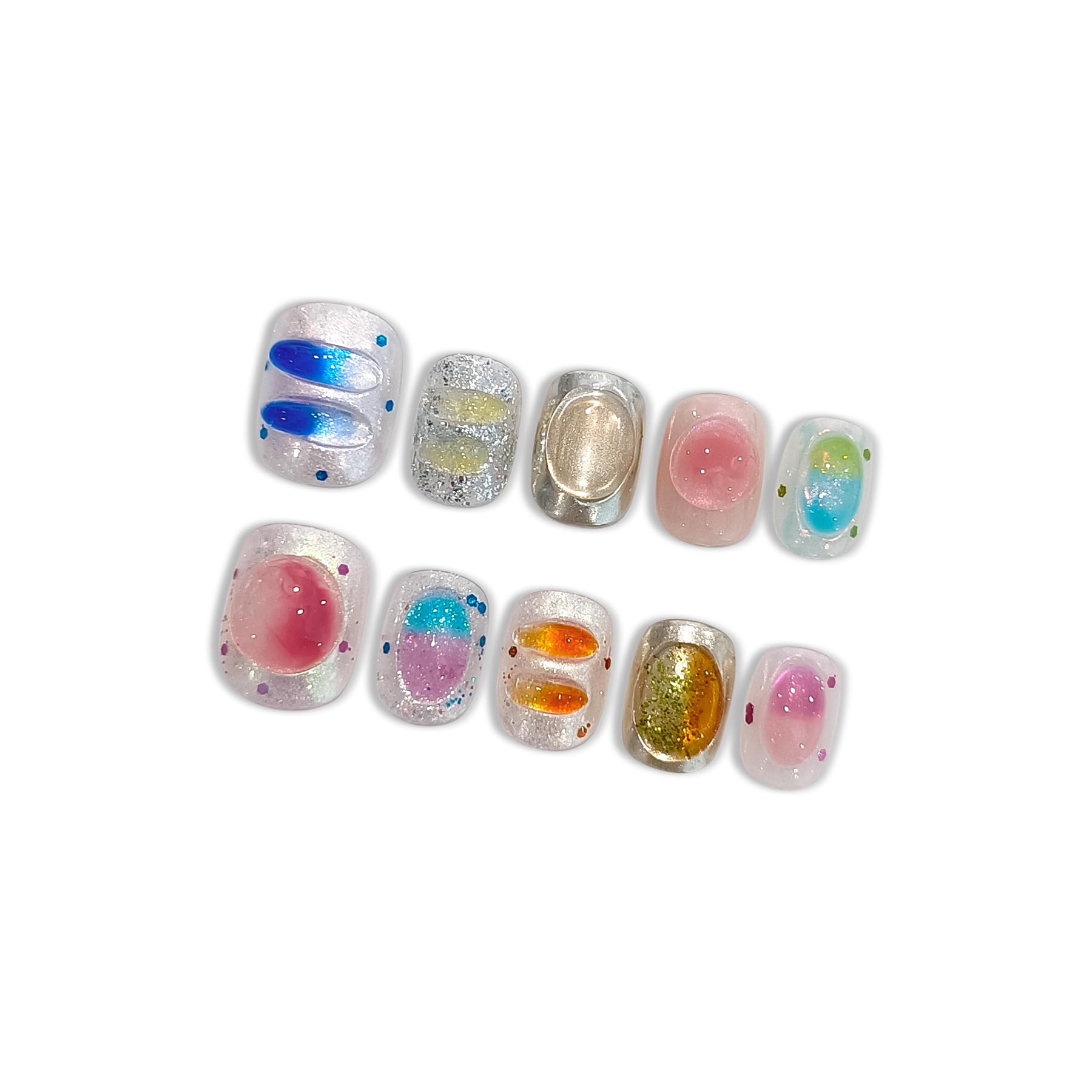 Hantyer Press on Nails, Short Round Fake Nails in Dopamine Colors, 3D Candy Decor & Icy Translucent Glitter, 10 Pcs Handmade Nails Sweet Style for Daily Commute, Party & Holiday Events