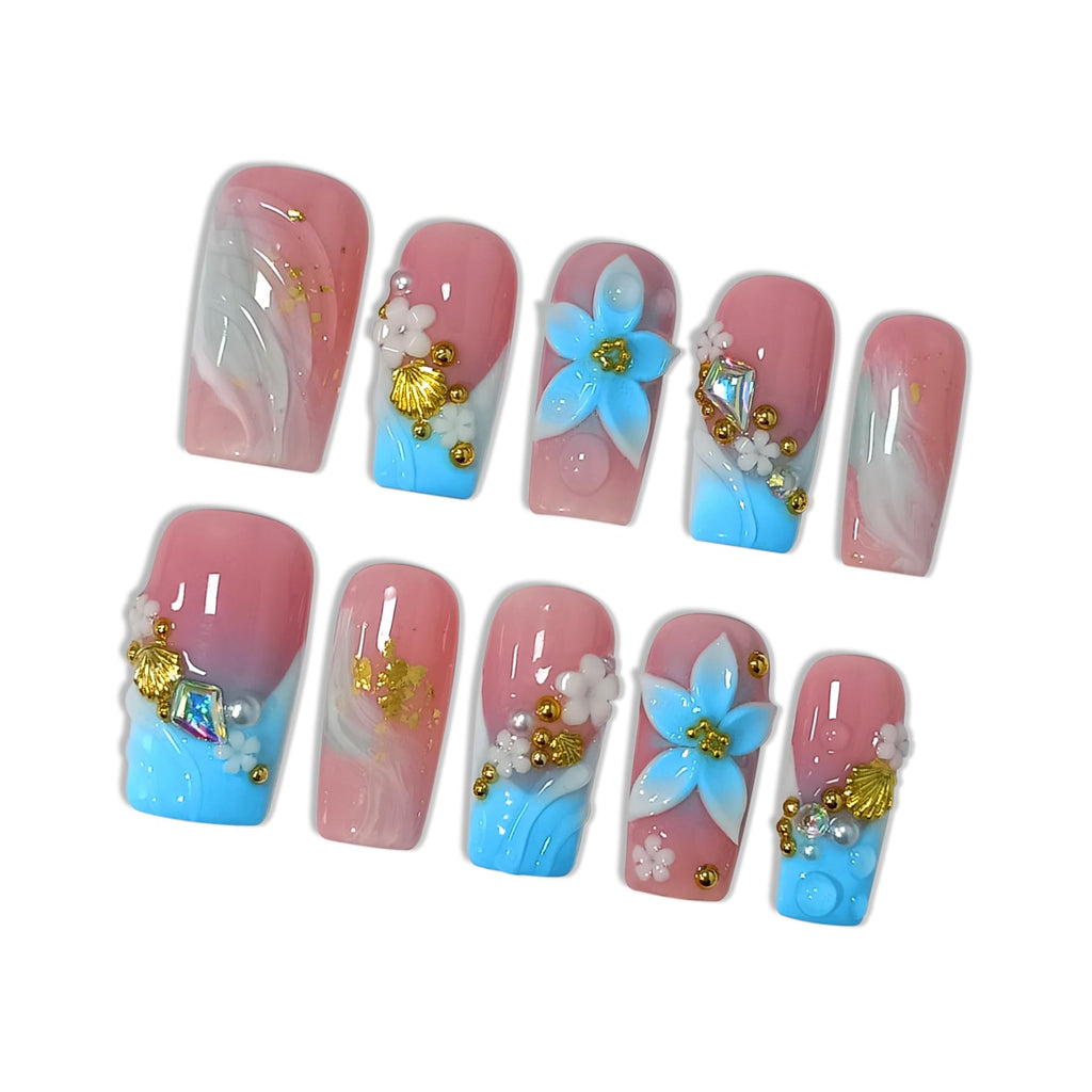 Hantyer Blue Ombre French Press on Nails, Medium Square Fake Nails