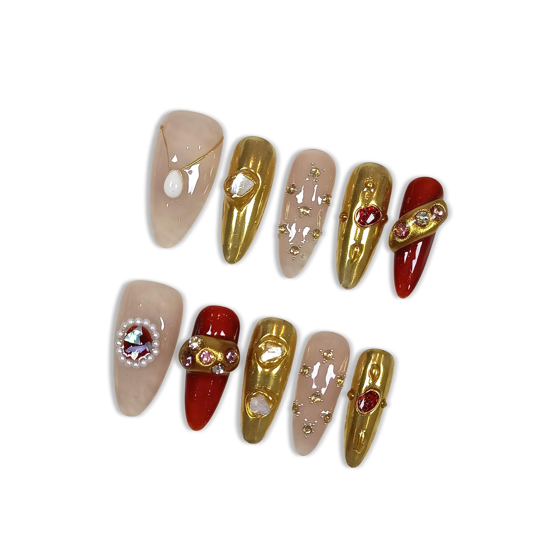 Hantyer Almond Press On Nails, Handmade Soft Gel Luxury Jewel Tone Fake Nails with Vintage Gold Accents & Pearl Embellishments, Elegant Reusable False Nails 10PCS Kit