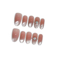 Hantyer Medium Oval Press On Nails, Handmade Soft Gel Nude Pink Ombre Glossy Fake Nails with 3D Diamond Ring Accent, Gradient Design Full Cover Reusable False Nails for Women 10PCS Kit