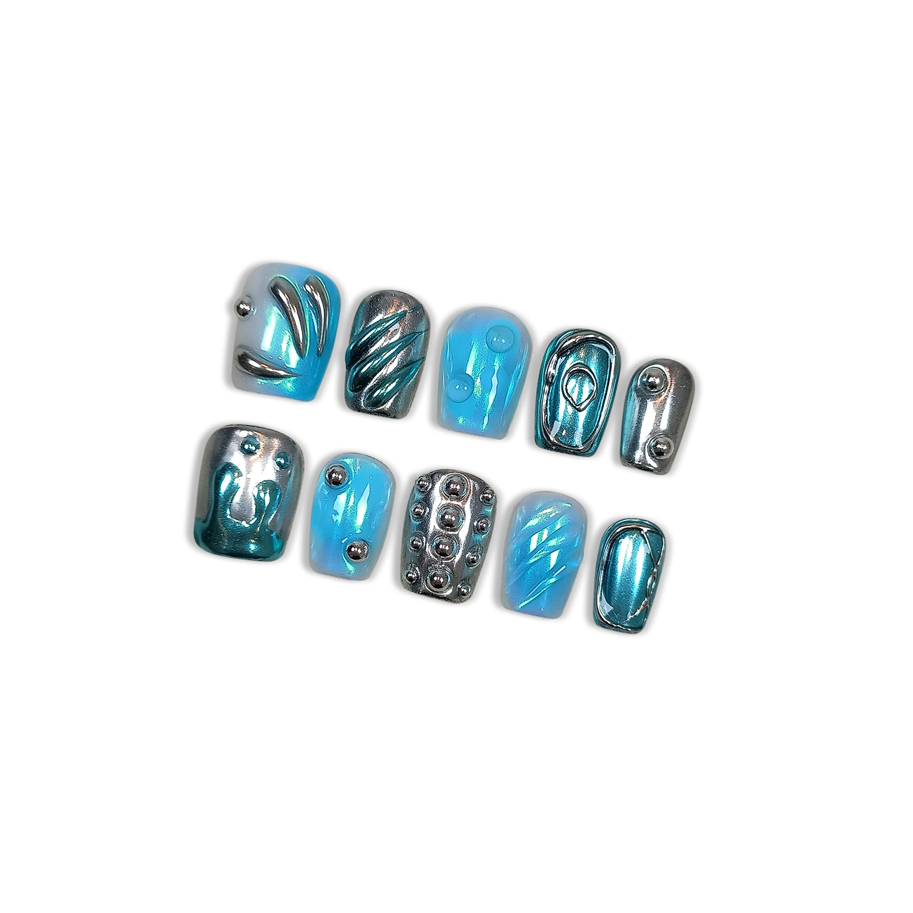 Hantyer Square Press On Nails, Handmade Soft Gel Chrome Blue & Silver Metallic Fake Nails with 3D Sculpted Wave Design, Futuristic Iridescent Alien Reusable False Nails 10PCS Kit