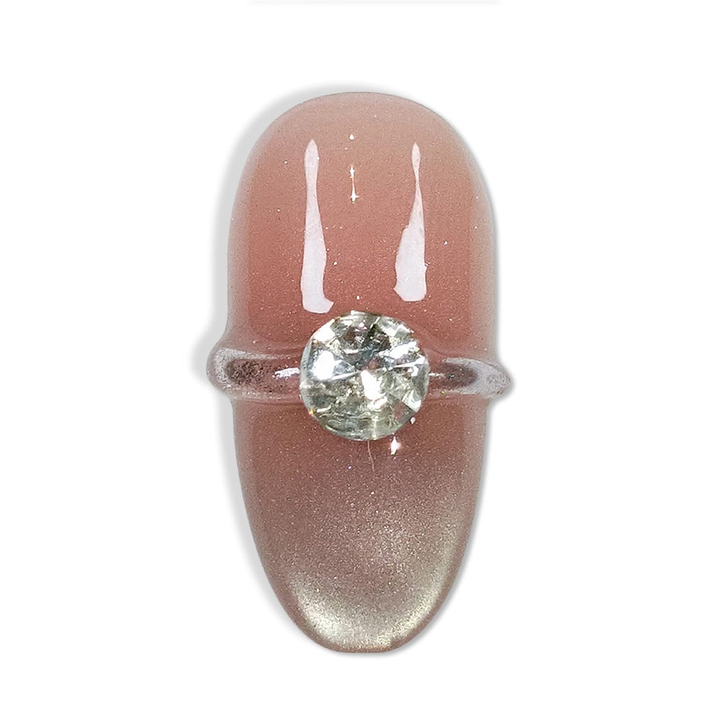 Hantyer Medium Oval Press On Nails, Handmade Soft Gel Nude Pink Ombre Glossy Fake Nails with 3D Diamond Ring Accent, Gradient Design Full Cover Reusable False Nails for Women 10PCS Kit