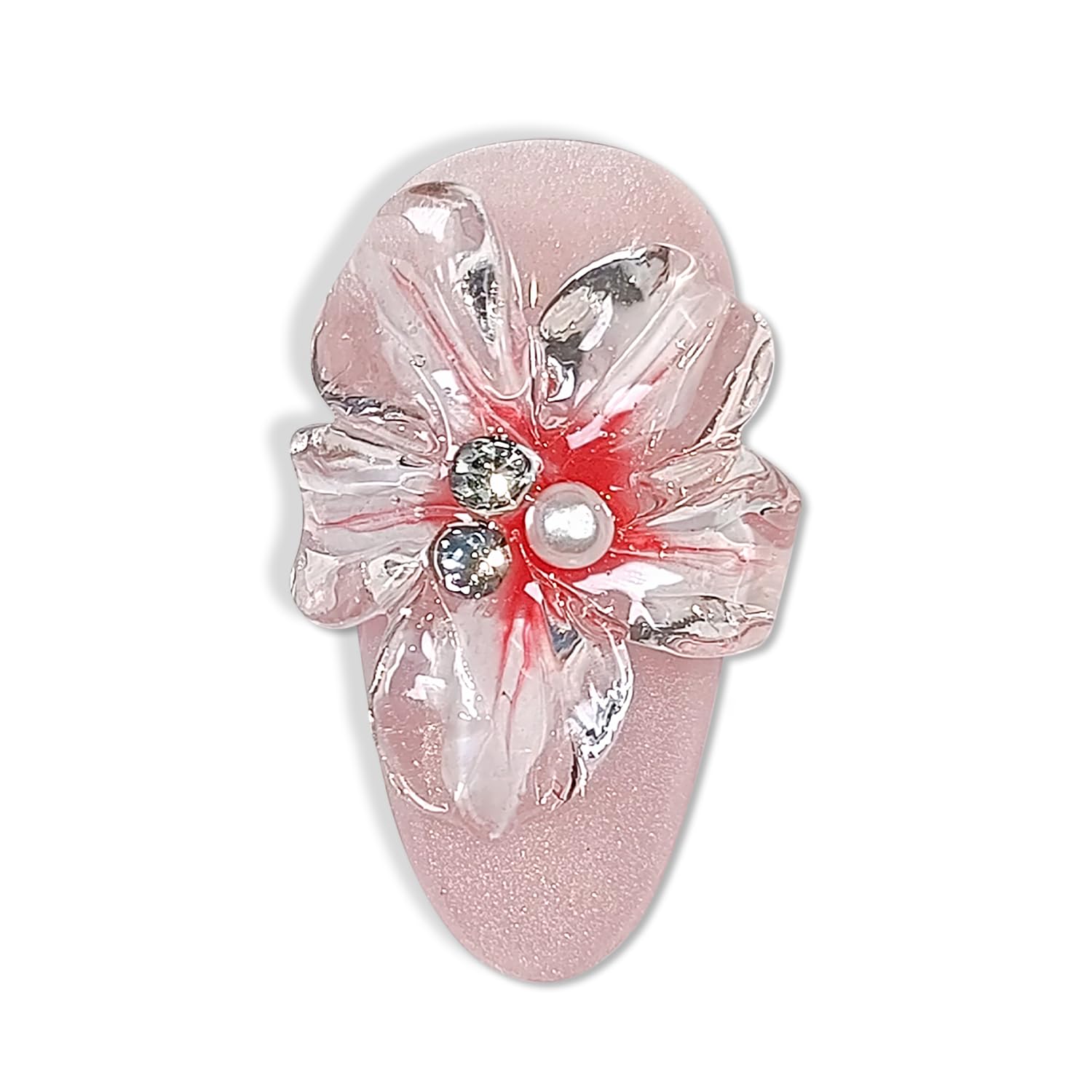 Hantyer Press on Nails, Medium Oval Fake Nails, Pink Cat Eye Base & Gold French Tips, 3D Cherry Blossoms & Icy Pink Jelly Finish, Reusable Gel Nails Sweet & Elegant Style for Women