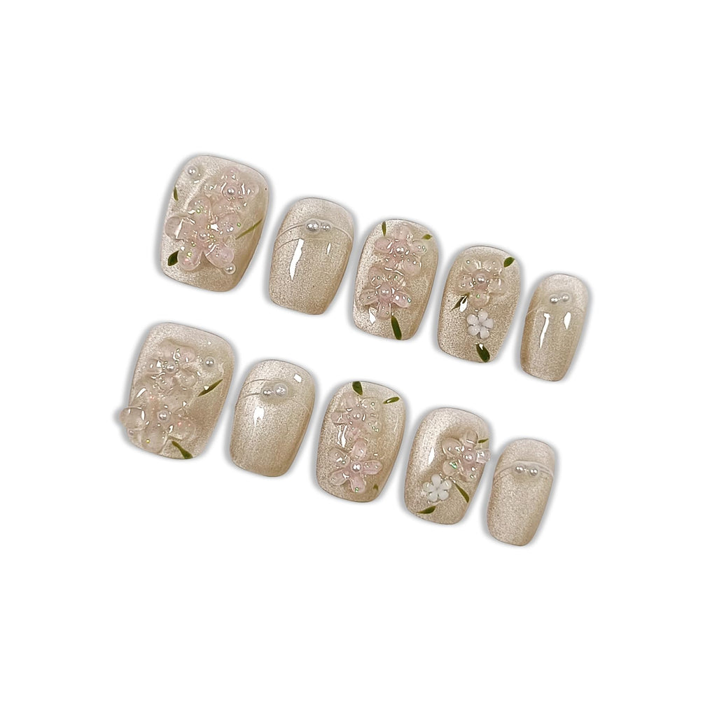 Hantyer Press on Nails | Short Coffin Fake Nails with Cat Eye Design, 3D Floral & Pearl Accents, False Nails with Icy Tea Glossy Finish, Reusable Handmade Nails in Sweet Style for Women