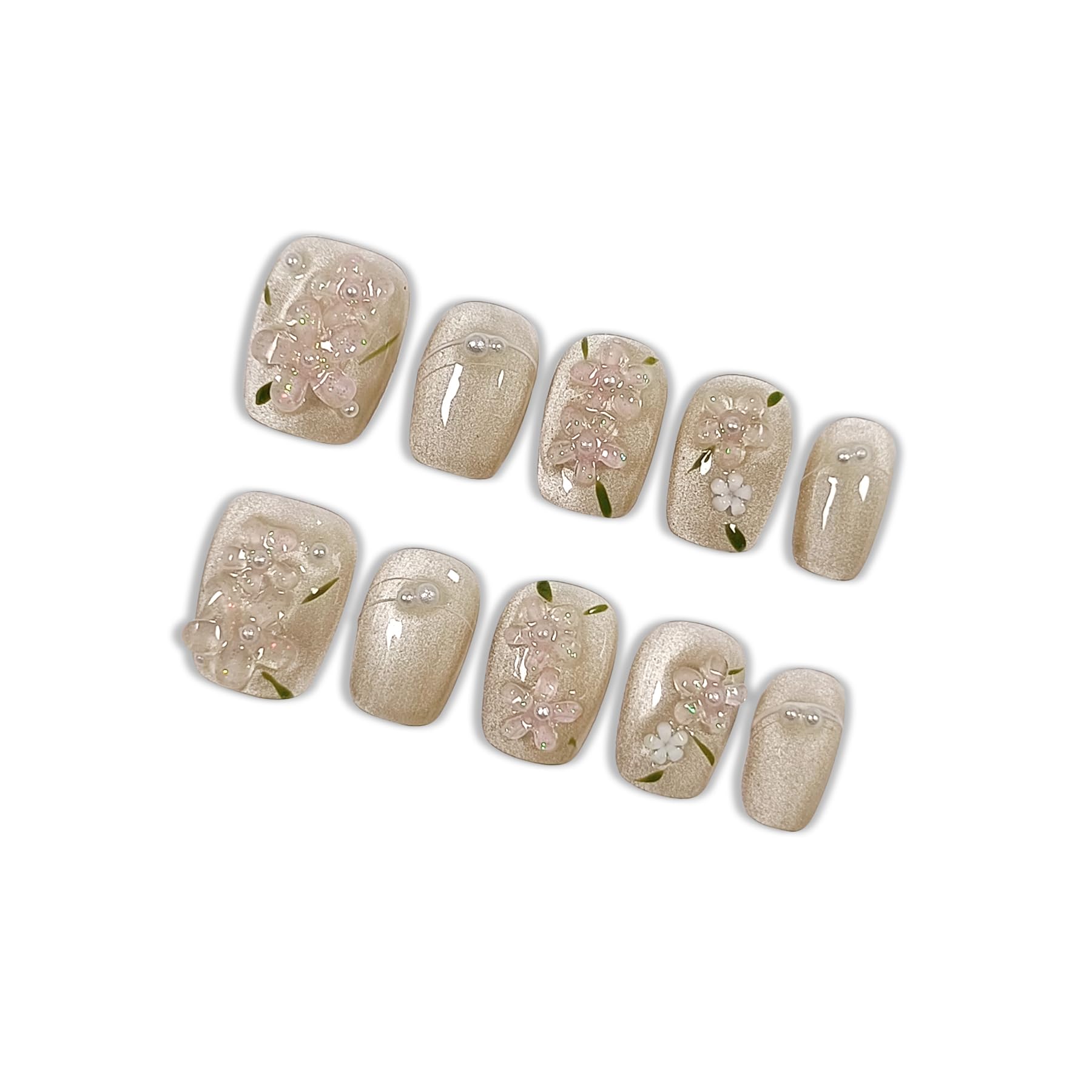 Hantyer Press on Nails | Short Coffin Fake Nails with Cat Eye Design, 3D Floral & Pearl Accents, False Nails with Icy Tea Glossy Finish, Reusable Handmade Nails in Sweet Style for Women