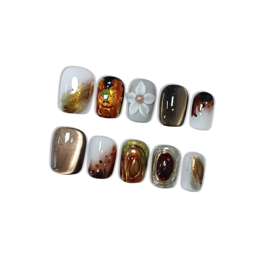 Hantyer Coffee Brown Cat Eye Ombre Press on Nails with Handmade 3D Flowers & Gold Glitter ,Short Square Glossy Vintage Fake Nails, Reusable Elegant False Nails for Women Fall Winter Occasions