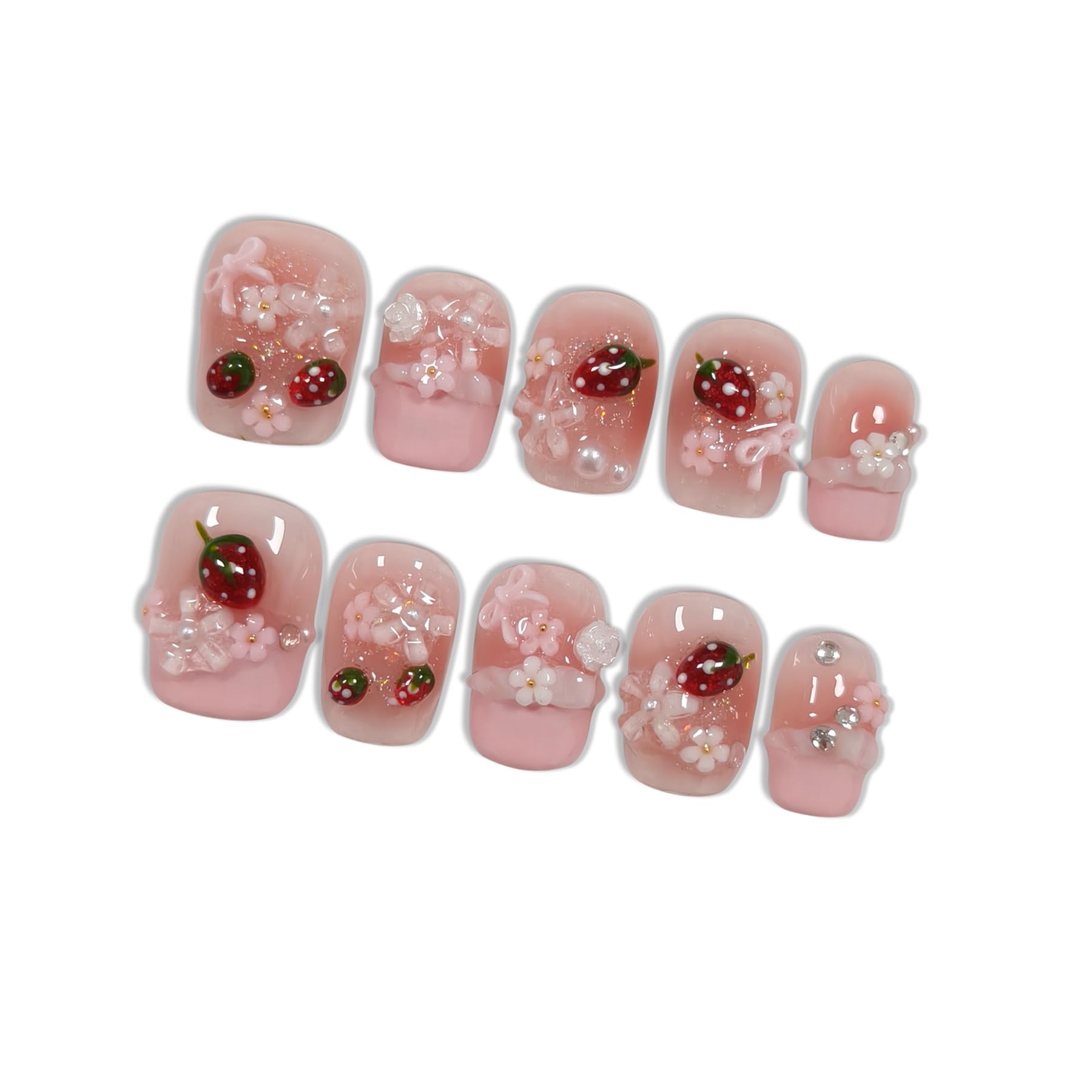 Hantyer 10pcs Pink French Tip Press on Nails with Pink Jelly Strawberry & Pearl Charms, Short Coffin Glossy Iced Sweet Fake Nails, Reusable Kawaii False Nails for Women Birthday Party