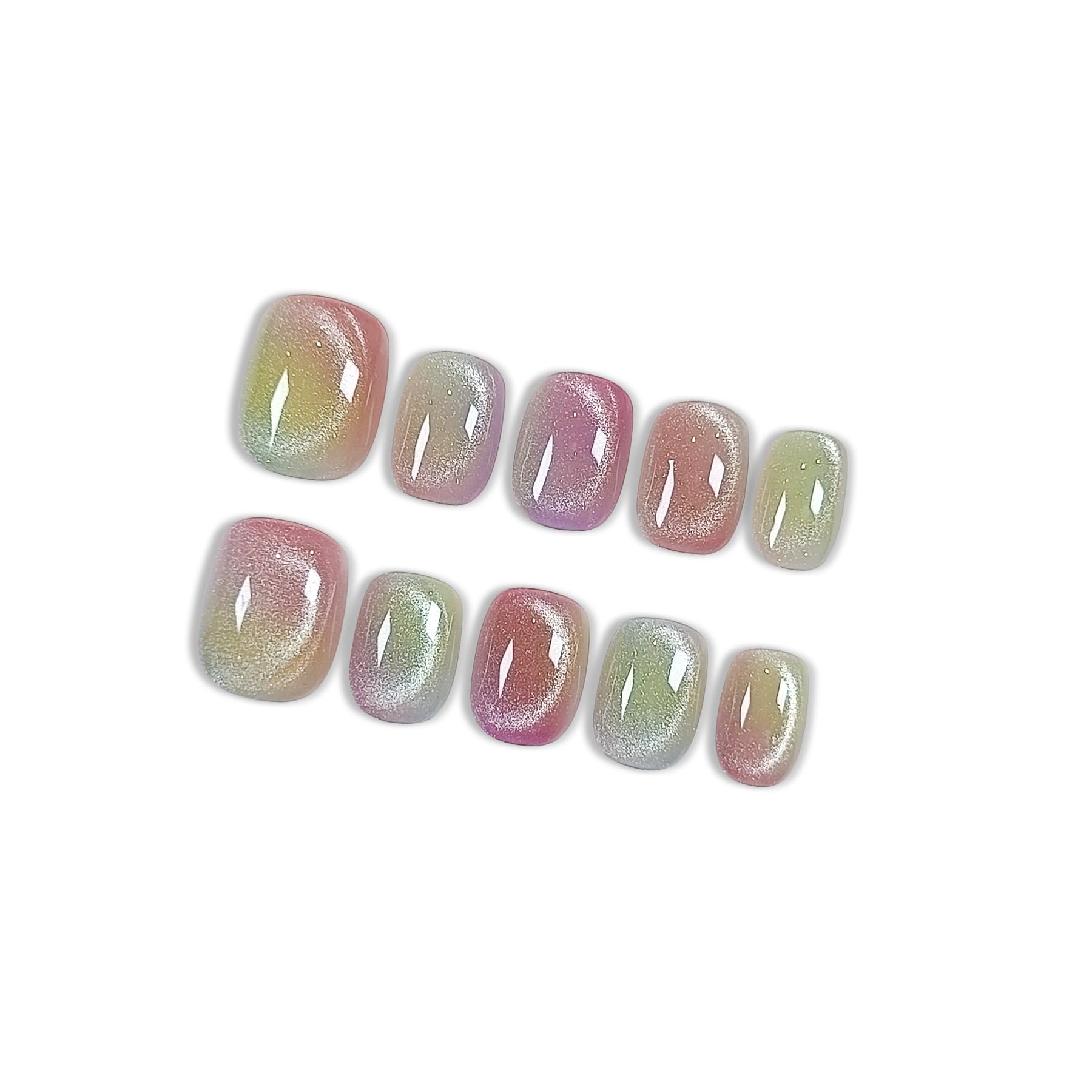 Hantyer Press on Nails with Tools Kit, Short Oval Fake Nails in Dopamine Colors, Summer Cat Eye Gel Nails, Handmade Tips Cute & Vibrant Style for Women Daily & Pool Parties