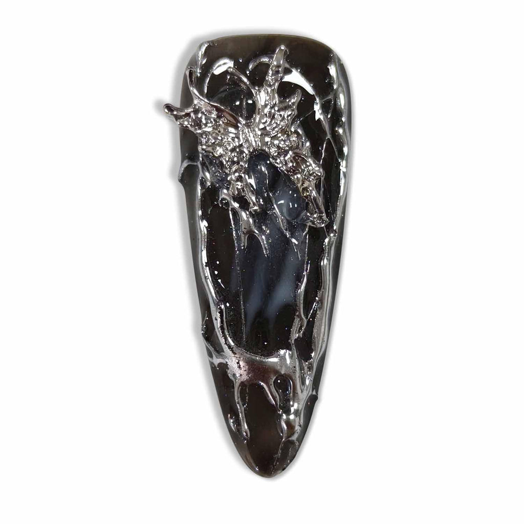 Hantyer 10pcs Black Grey Press on Nails with Cross Charms & Silver Decor, Long Stiletto Glossy Gothic Fake Nails, Reusable Dark Edgy False Nails for Women Goth Party Rock Concert Halloween