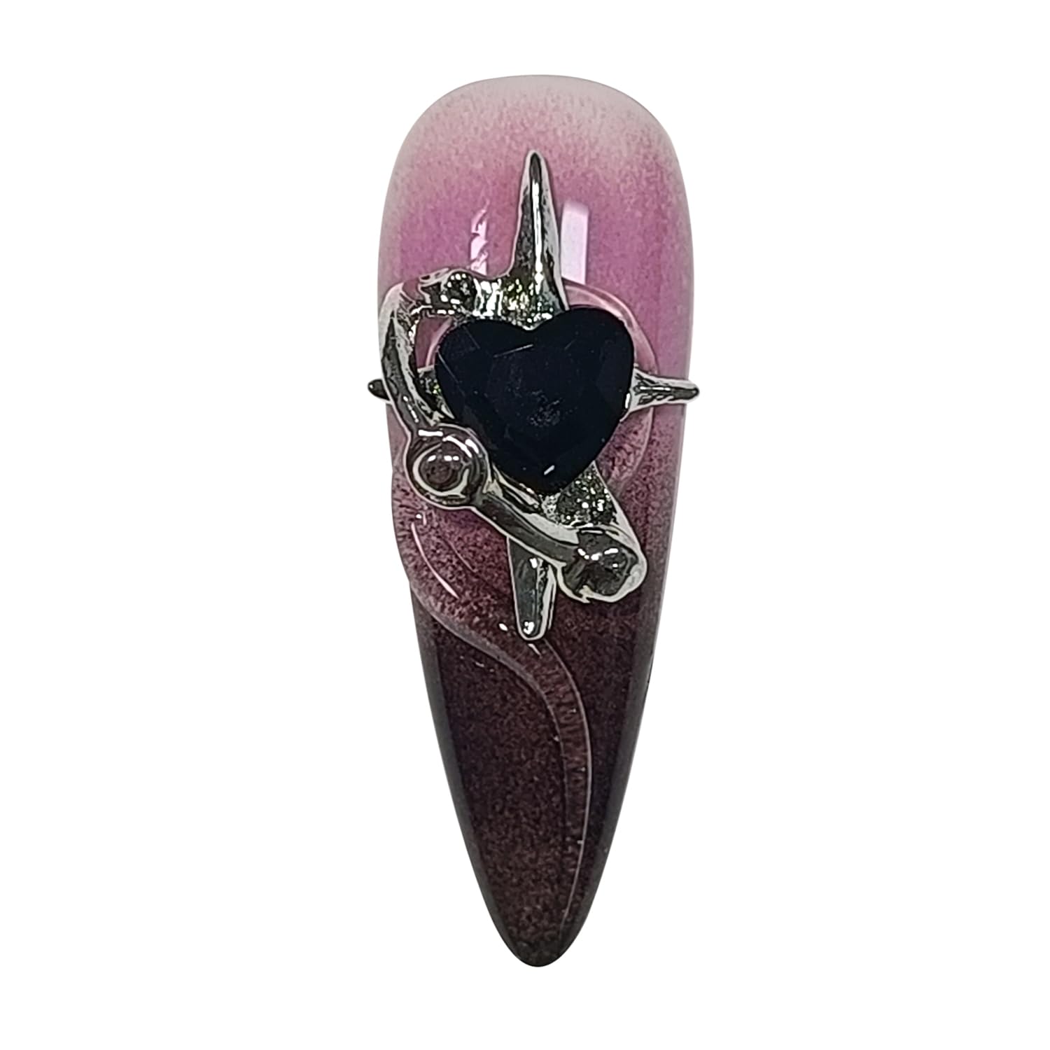 Hantyer Y2K Punk Press on Nails with Tools Kit, 10pcs Long Stiletto Glossy Black & Pink Gradient Nails, Silver Studs, Black Rhinestones & 3D strips, Edgy Style for Concerts & Night Events