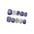 Hantyer 10pcs Press on Nails, Short Square Fake Nails, Blue Cat Eye Ombre with Golden Bling Edge, Glossy Finish Handmade Nails Sweet Style, Reusable for Party
