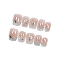 Hantyer Handmade Press On Nails Short Square,Acrylic French Crystal Cat Eye & Chain Pearl Butterfly Design Fake Nails,Cute Korean Pink False Nails 10PCS with Tools Kit for Women Daily