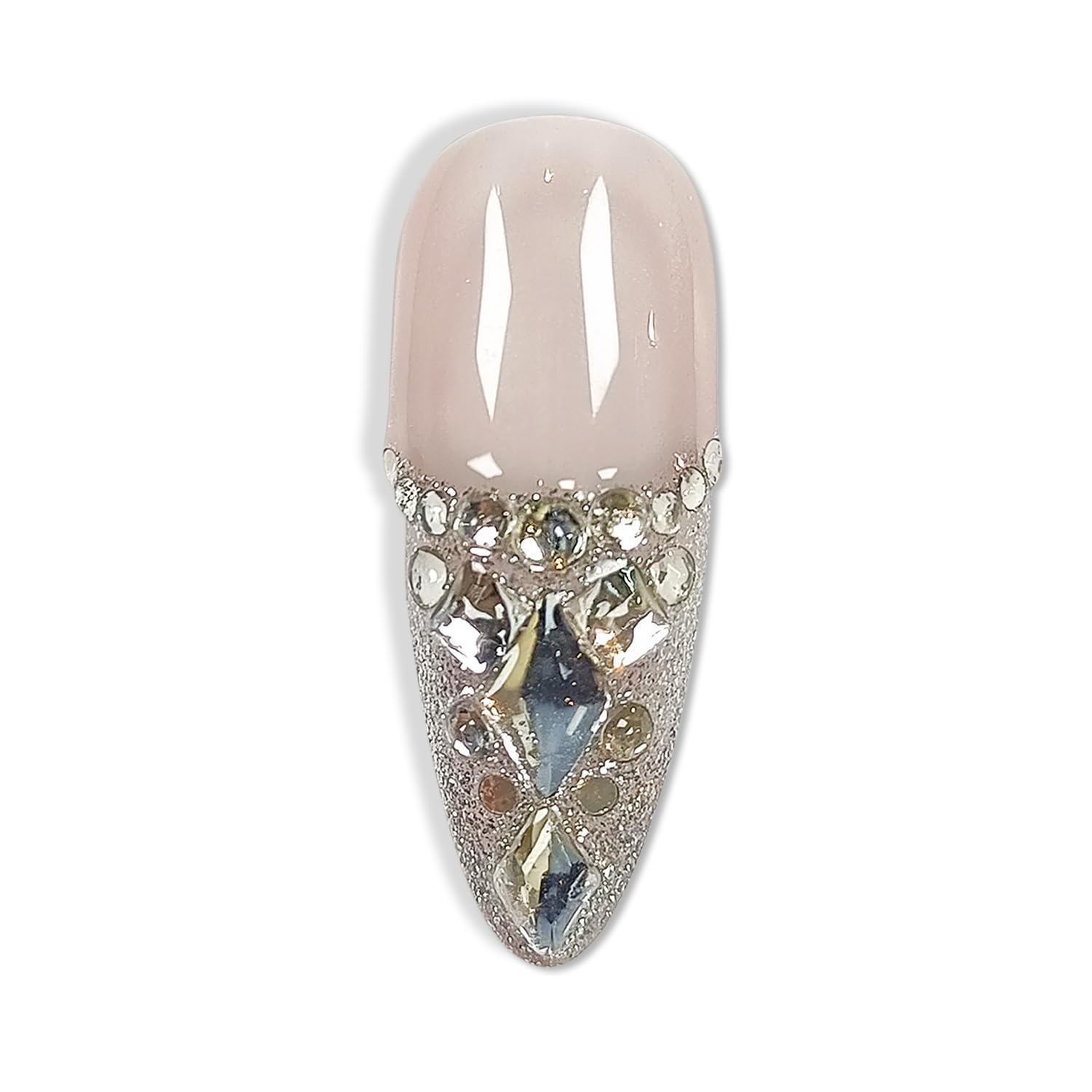 Hantyer French Glam Press on Nails with Tools Kit, Long Stiletto Glossy Nails in Nude, Handmade Nails with Dazzling 3D Crystal Arrangement, Fake Nails Vintage-Inspired Style for Galas Event