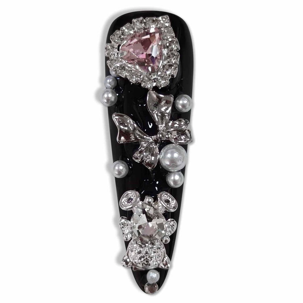 Hantyer Gothic Press on Nails with little Bear & Silver Charms, Long Stiletto Glossy Dark Cute Fake Nails, Reusable Black Kawaii False Nails for Women Horror Party Halloween Special Occasion