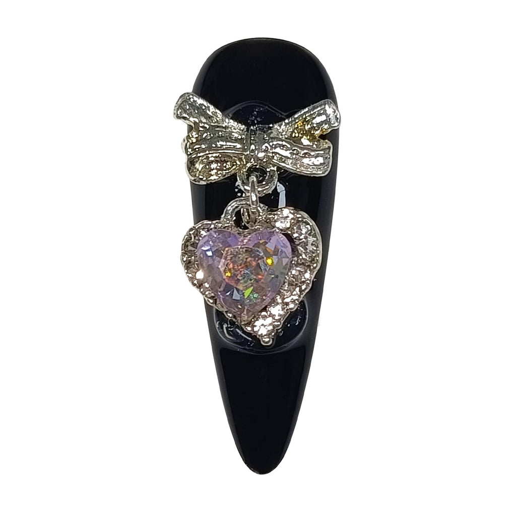 Hantyer Gothic Punk Press on Nails, Long Stiletto Matte Black & Pink Nails, Silver Gothic Charms, Pink Rhinestones & 3D Art, Salon Nails Reusable & Easy Apply for Parties & Night Events