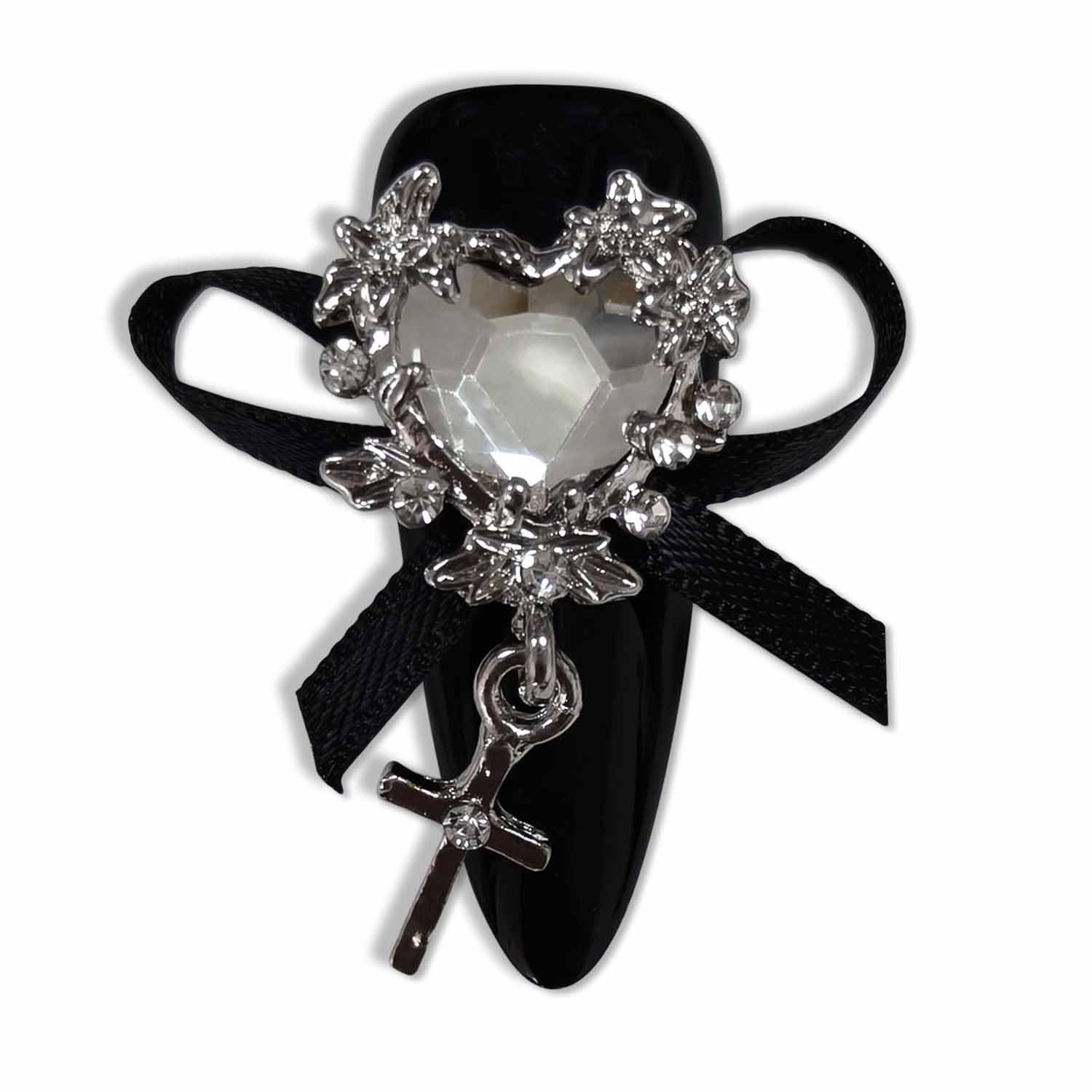 Hantyer 10pcs Black Press on Nails with Heart Rhinestones & Silver Charms, Long Stiletto Glossy Dark Edgy Fake Nails, Reusable Gothic Glam False Nails for Women Night Party Valentine's Day