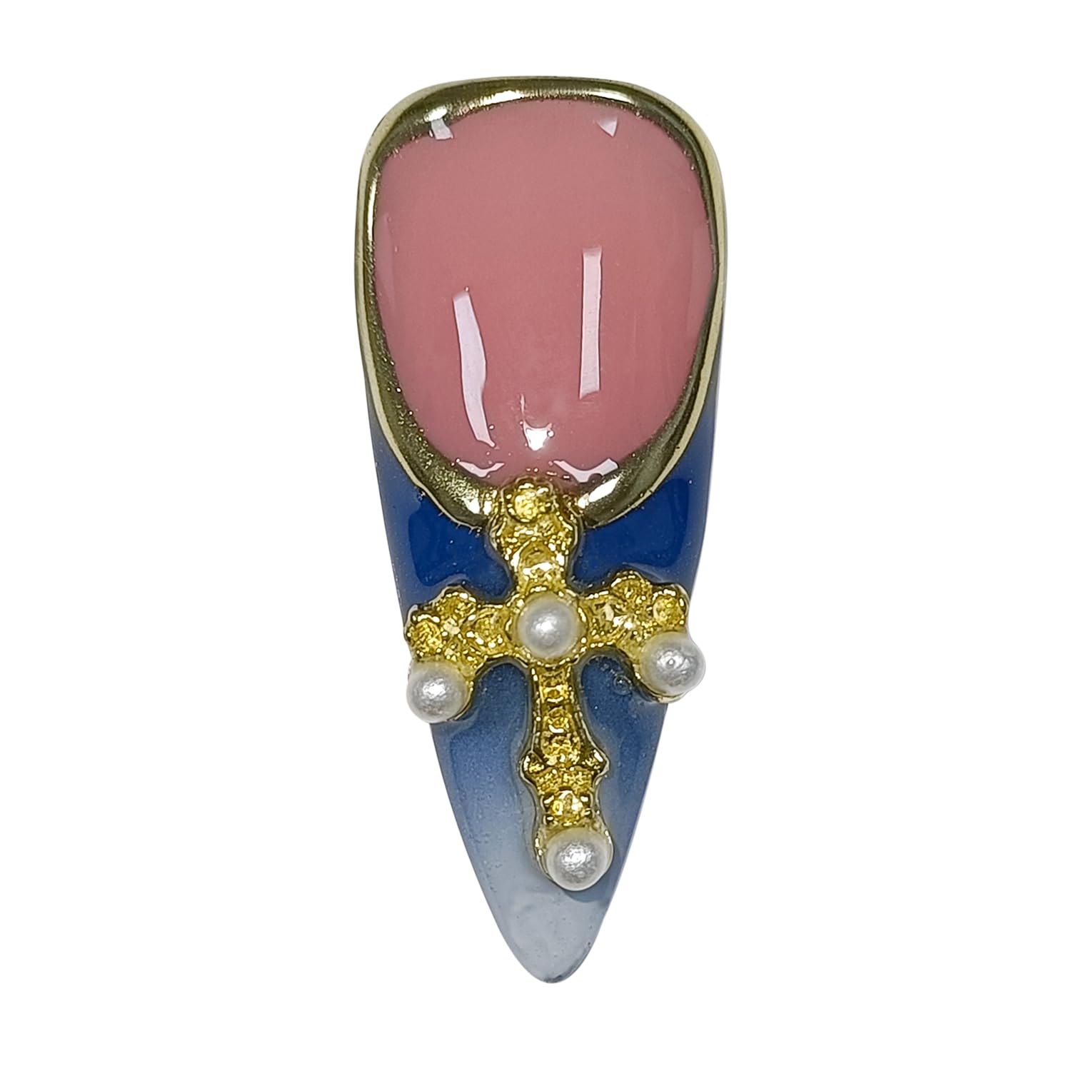 Hantyer 10pcs Vintage Press on Nails with Tools Kit, Long Stiletto Glossy Blue Marble Nails, Gold Cross & Star Charms with 3D Hand-Painted Lines on Nails, Reusable & Easy Apply for Galas