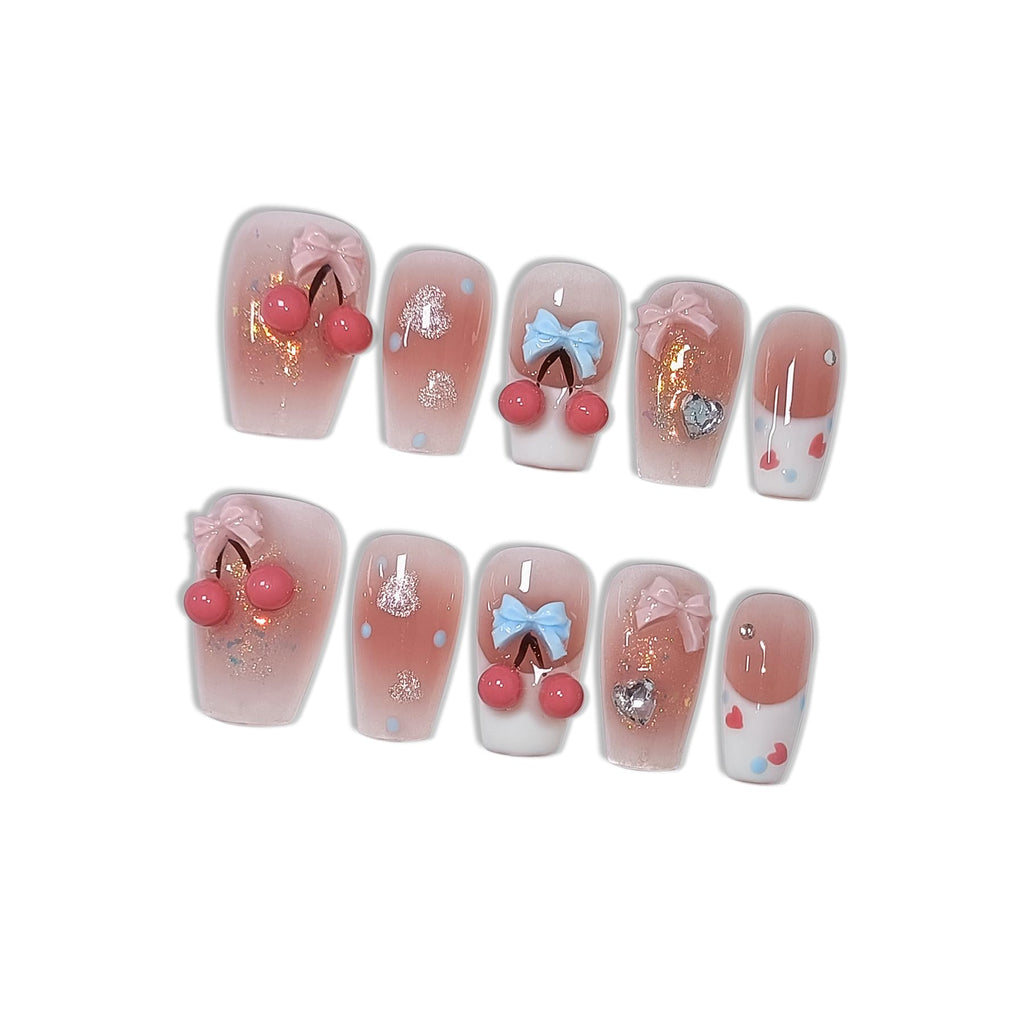 Hantyer 10pcs Sweet Style Press on Nails, Short Coffin Glossy Fake Nails, Pink French Tips with 3D Cherry & Bow Design, Reusable Easy to Apply False Nails for Women