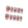 Hantyer 10pcs Sweet Style Press on Nails, Short Coffin Glossy Fake Nails, Pink French Tips with 3D Cherry & Bow Design, Reusable Easy to Apply False Nails for Women