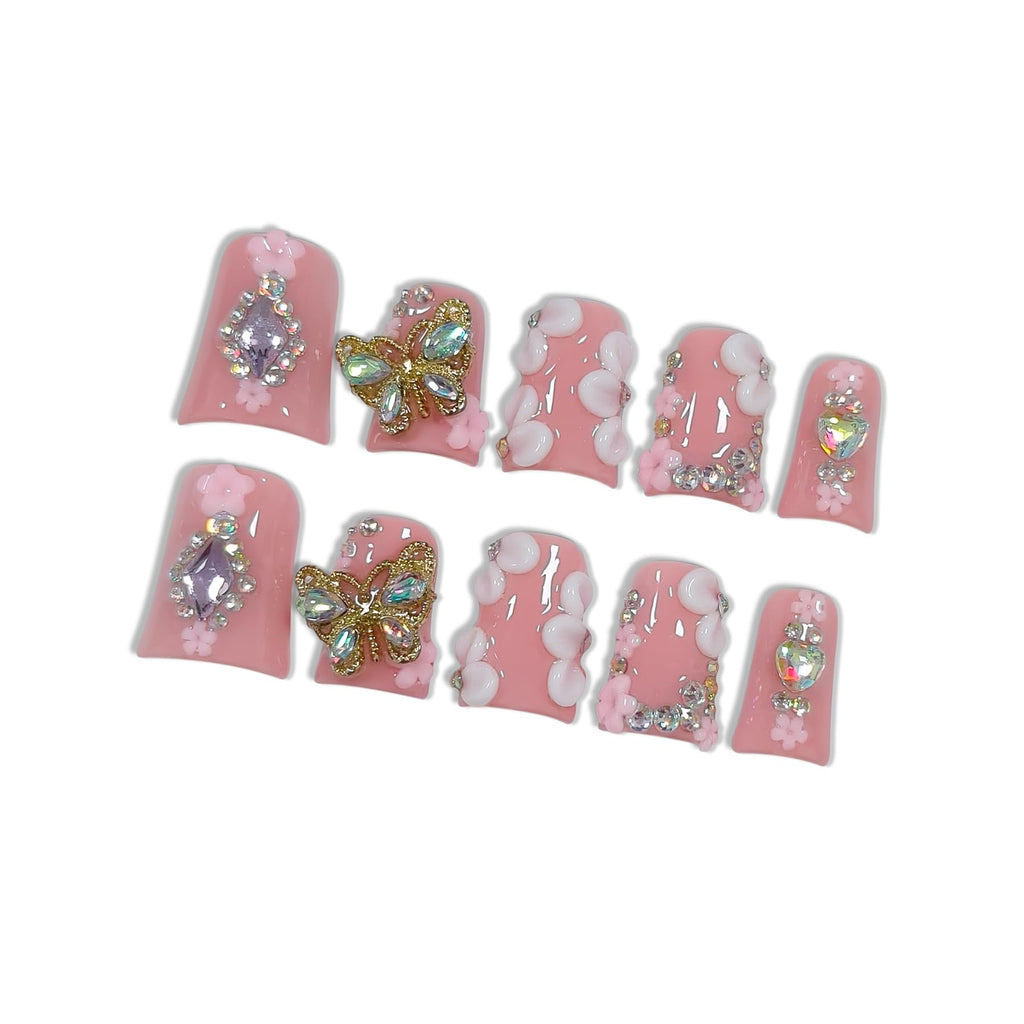 Hantyer Nude Press on Nails with 3D Floral Carving, Butterfly & Rhinestone Charms, Duckbill Shape Glossy Iced Sweet Fake Nails, Reusable Elegant False Nails for Garden Party Bridal Shower